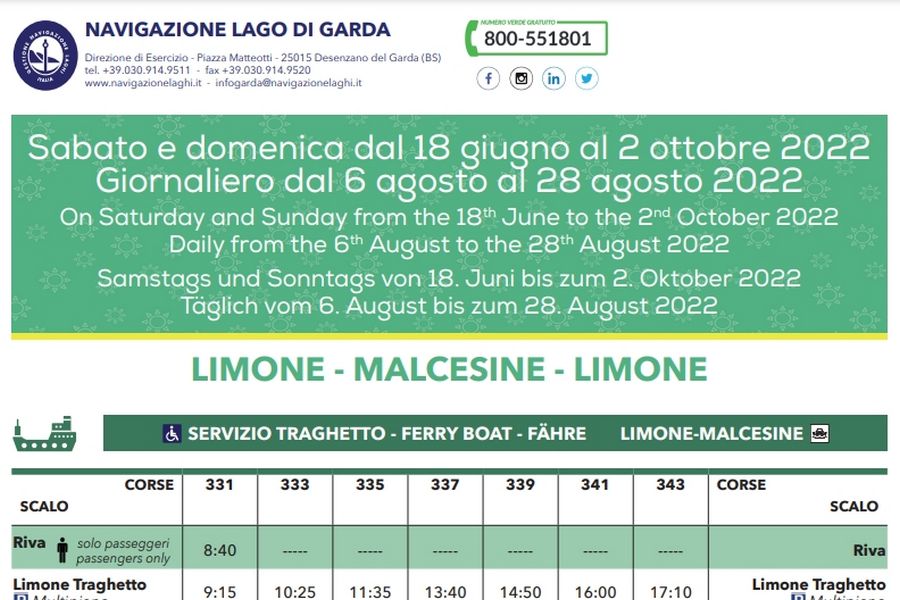 Cliccare per aprire pdf contenente orari del traghetto Malcesine-Limone valido dal 1 giugno 2022 al 2 ottobre 2022