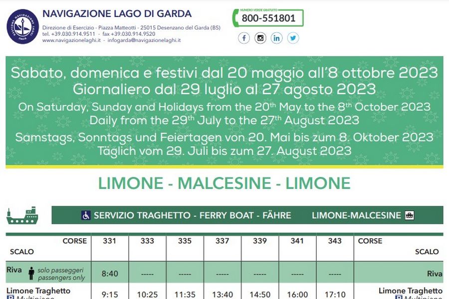 Cliccare per aprire pdf contenente orari del traghetto Malcesine-Limone valido dal 20 maggio 2023 al 8 ottobre 2023